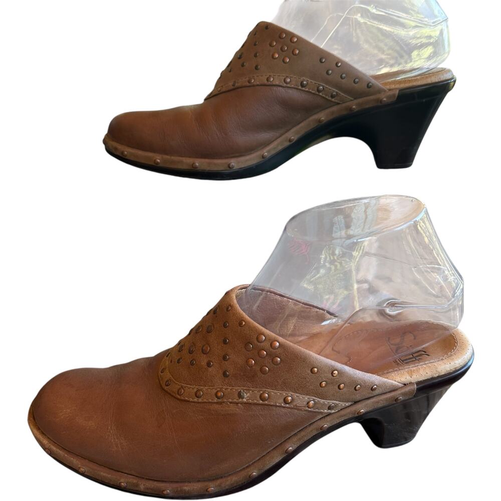 Sofft Heeled Slip On Mules 7M Tan Leather Stud Embellished Padded Comfort Shoes